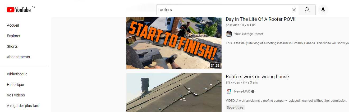 Image of YouTube results for roofers keyword.